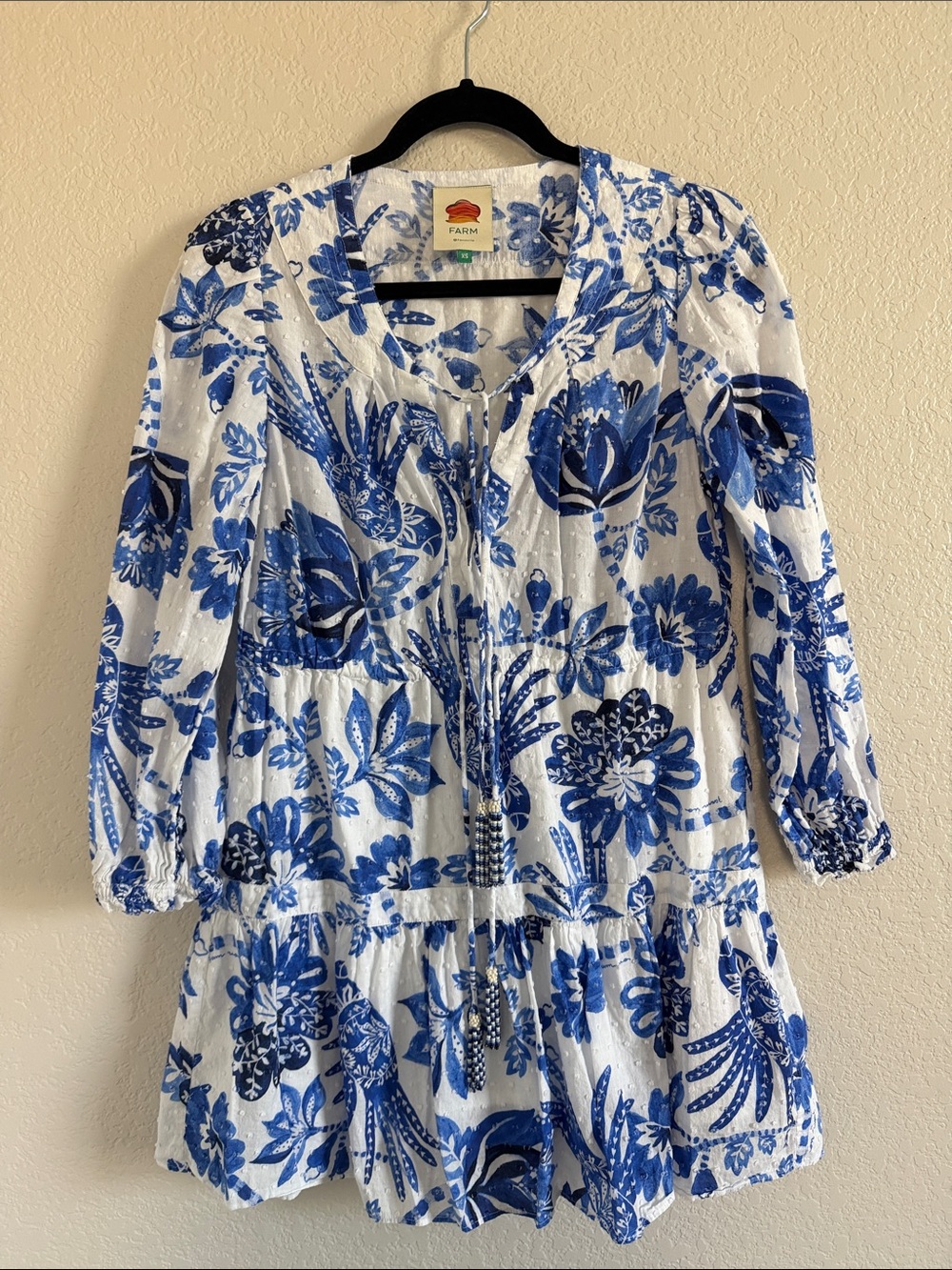 FARM RIO Bead-Embellished Printed Swiss-Dot Cotton Mini Dress. Size XS - Picture 11 of 12